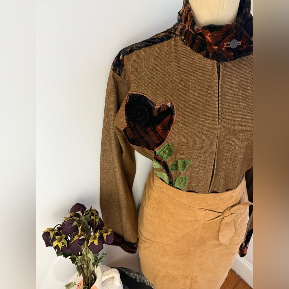 Vintage Raw Denim Brown Half Zip Jacket Velvet Trim Floral Appliqué handmade - Picture 3 of 13